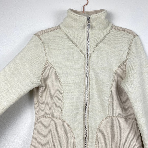 PrAna Tobi Full Zip Sweater Two Tone Cream Beige Pockets Ribbed Knit Women L - Picture 4 of 13